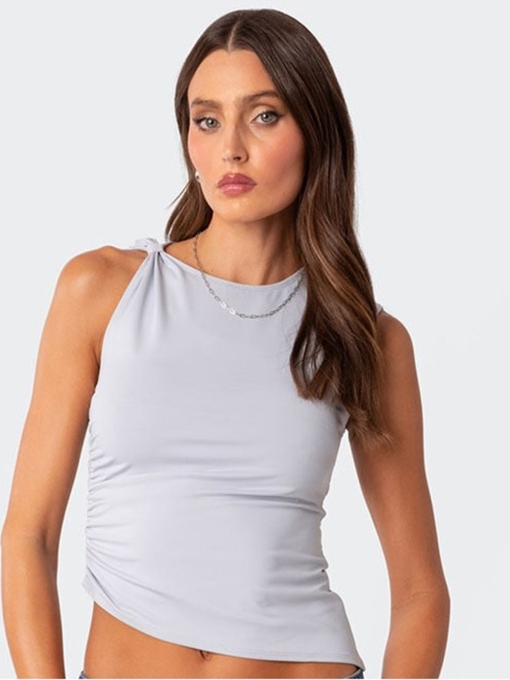 Edikted Asymmetric Twist Knot Ruched Crop Top | Pale Blue almost white | Trendy